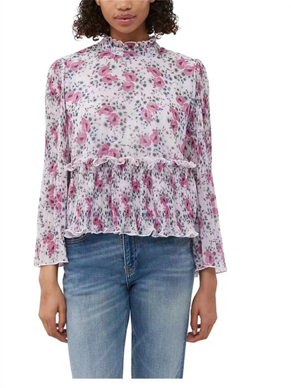 

Женская плиссированная блузка, элегантная милая блузка с цветочным принтом, воротником-стойкой, расклешенными рукавами и оборками, лето 2023