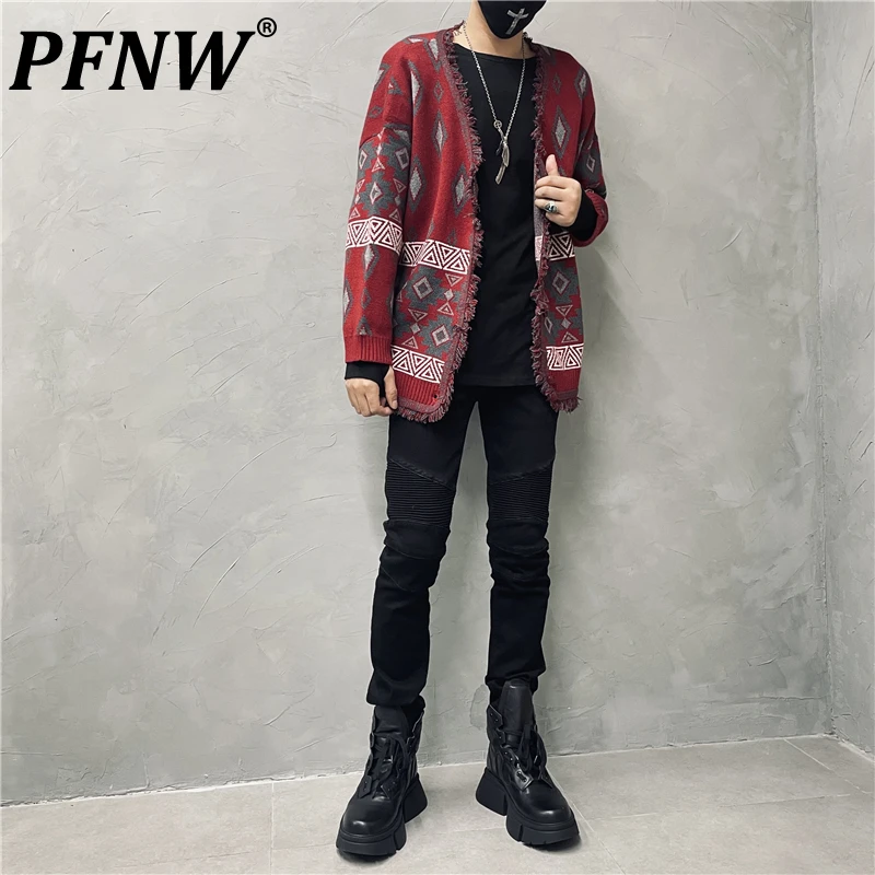 

PFNW 2023 Autumn Winter New Men's Fashion High Street Print Cardigan V-Neck Vintage Sweater Popular Knitwear Coat Top 12A6610
