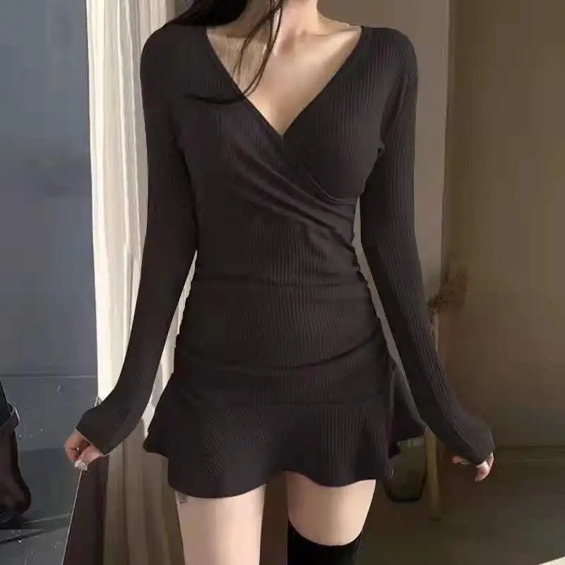 

Spring Dresses For Women 2022 Long Sleeve Folds Flounce Edge Sexy V-neck Temperament Black Tight-fitting Hot Girl Short Vestidos