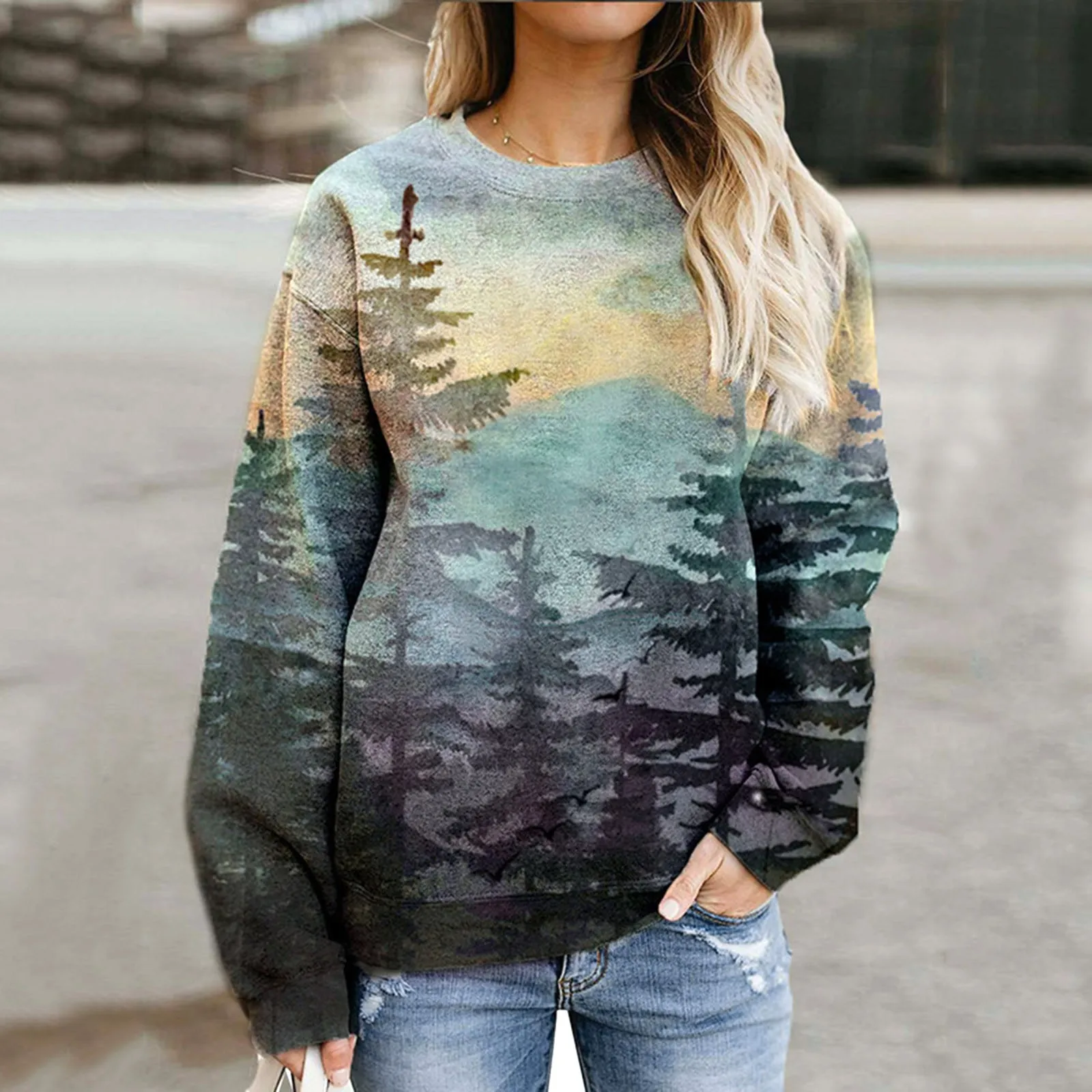 Sleeve Thin And Long Neck Round Tree Painting Print Top Women's Landscape Novel Women's Women Raglan Top Long Flannel Women
Sleeve Thin And Long Neck Round Tree Painting Print Top Women's Landscape Novel Women's Women Raglan Top Long Flannel Women