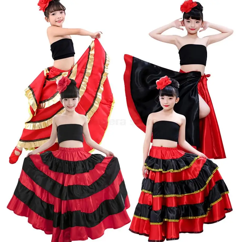 

Танцевальный костюм для девочек фламенко, традиционное испанское танцевальное платье в цыганском стиле с широкой юбкой, костюм для выступления на сцене, детский костюм для танца живота