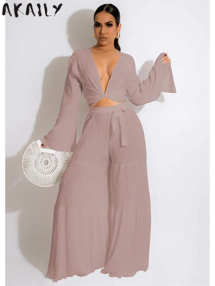 

Akaily Summer White Ruched 2 Two Piece Sets Womens Outfits 2022 Black Flare Sleeve Crop Top And Lace Up Wide Leg Pants Sets