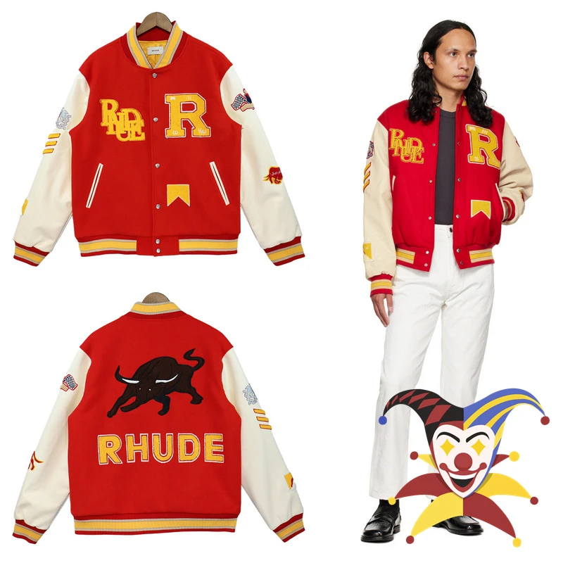 Red Rhude Baseball Jacket Men Women 1:1 Top Quality Patchwork PU Sleeves Buffalo Towel Embroidered Logo RHUDE Woolen Coat
Red Rhude Baseball Jacket Men Women 1:1 Top Quality Patchwork PU Sleeves Buffalo Towel Embroidered Logo RHUDE Woolen Coat