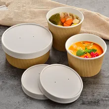 50pcs Creative double layer kraft paper disposable ice cream cups round large food packaging container soup bowl with lid
