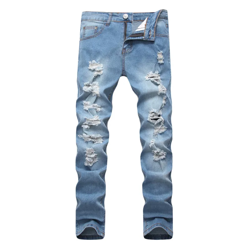 

Men's Ripped Jeans 2019 Designer Pants Slim Fit Light Blue Denim Joggers Male Distressed Destroyed Trousers Button Fly Pants