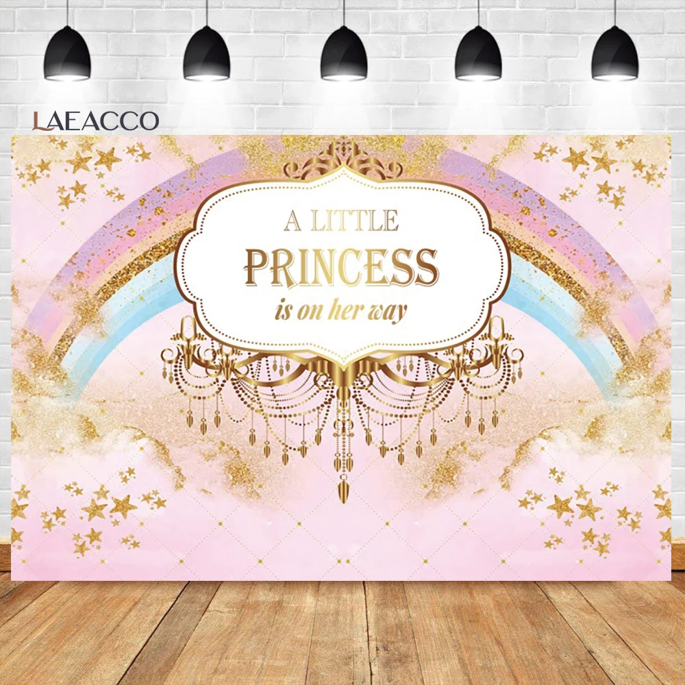 

Laeacco Rainbow Baby Shower Photography Background Golden Stars Cloud Girls Princess Birthday Portrait Customized Photo Backdrop