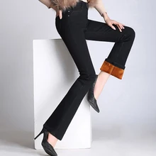 S To 5XL 2022 New High Waist Flare Jeans Women Plush Thicken Elastic Slimming Stretch Winter Warm Denim Jeans Hot Lining Velvet