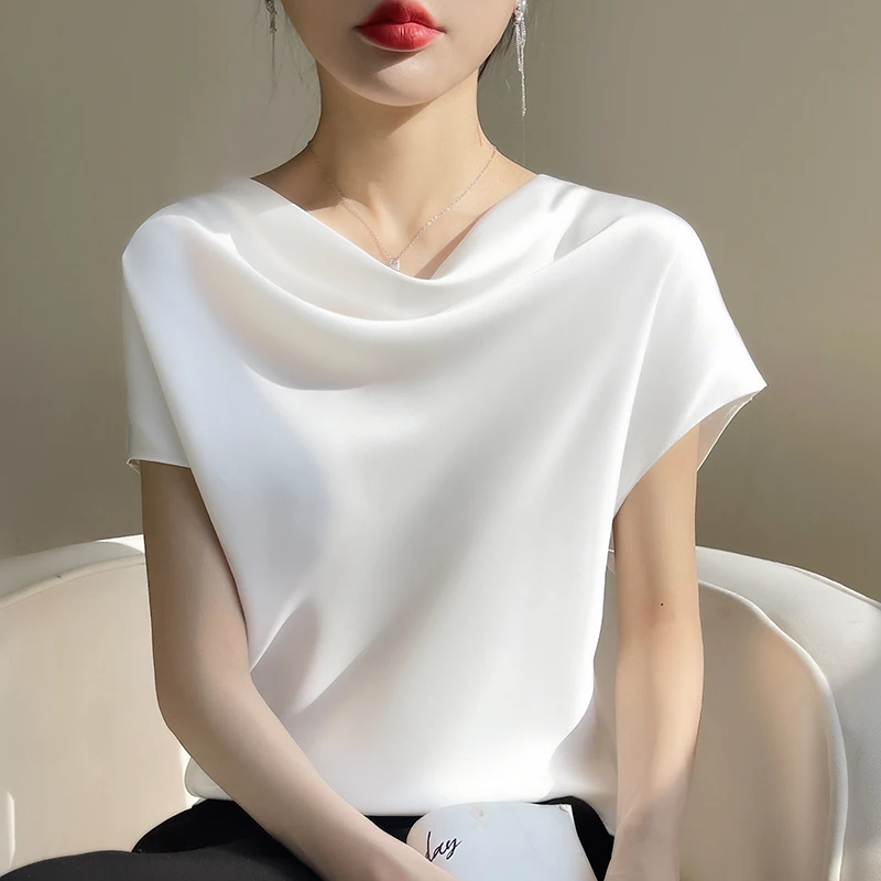 

Sandro Rivers Solid Color Round Neck Large Size Women's Loose Slimming Temperament Short Sleeve Silk Senior Fashion Sense Top