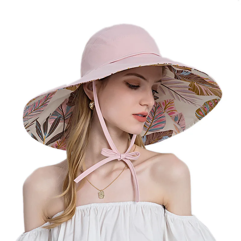 

2022 New Leaf Pattern Sun Hat Ladies Summer Mid-air Top Can Be Tied with Ponytail Fisherman Hat Big Brim Sunscreen Hat Women