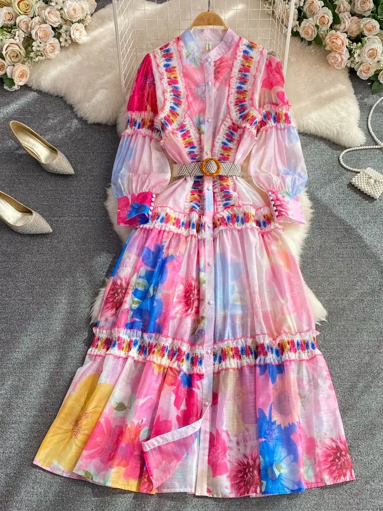 French Style Holiday Flower Maxi Dress Autumn Stand Collar Lantern Sleeve Slim Vintage Print Single Breasted A-Line Mesh Dresses
French Style Holiday Flower Maxi Dress Autumn Stand Collar Lantern Sleeve Slim Vintage Print Single Breasted A-Line Mesh Dresses