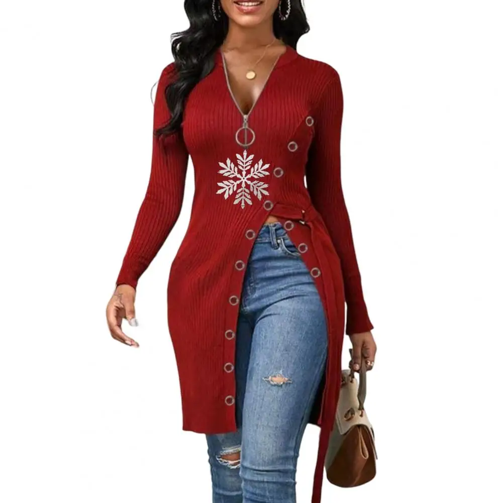 Chic Pullover Top Elegant Women Blouse Snowflake Pattern Split Mid Length Blouse Streetwear
Chic Pullover Top Elegant Women Blouse Snowflake Pattern Split Mid Length Blouse Streetwear