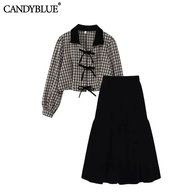 Plaid Vintage High Street Bow Turn-dow Collar Short Blouses Elastic High Waist A-line Skirts For Women Two-piece Set Womens Suit
Plaid Vintage High Street Bow Turn-dow Collar Short Blouses Elastic High Waist A-line Skirts For Women Two-piece Set Womens Suit