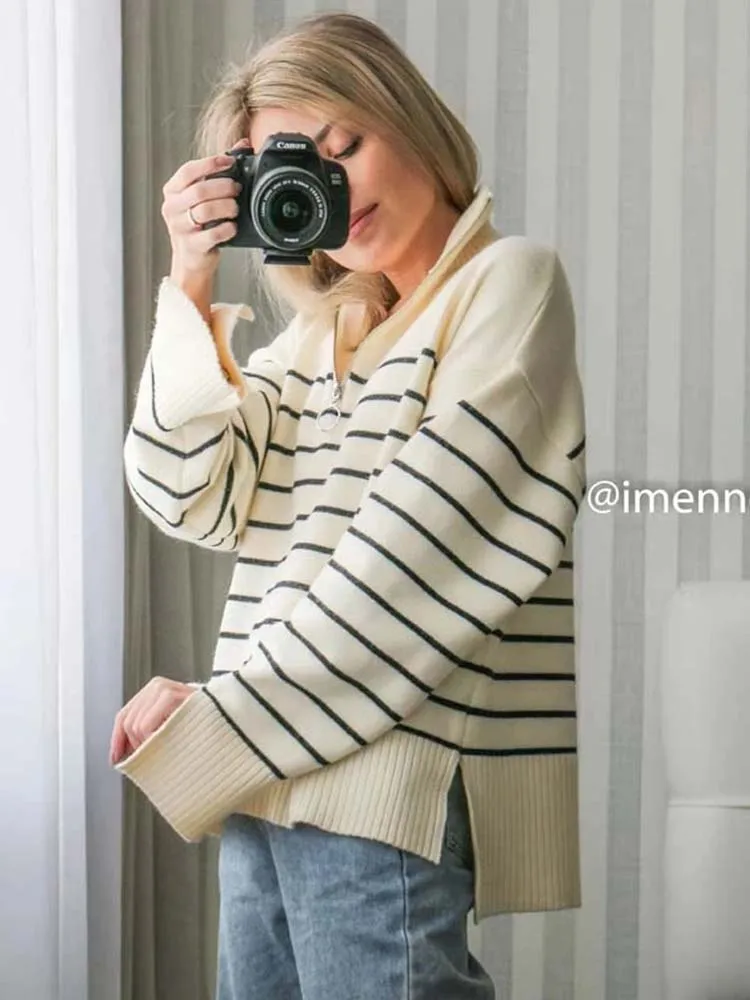 Women Sweater 2023 Traf New Fashion Stripe Loose Knitting Sweaters Vintage Long Sleeve Asymmetry Female Pullover Tops
Women Sweater 2023 Traf New Fashion Stripe Loose Knitting Sweaters Vintage Long Sleeve Asymmetry Female Pullover Tops