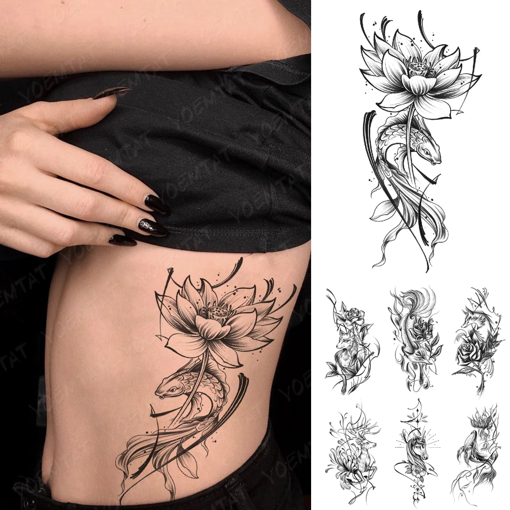 

Black Goldfish Carp Waterproof Temporary Tattoo Sticker Lotus Fox Women Festival Flower Arm Sleeve Tatoo Body Art Fake Tatto Men