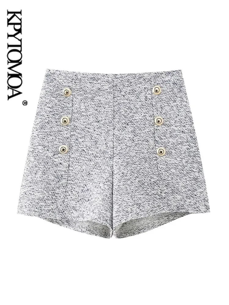 KPYTOMOA Women Fashion With Gold Button Tweed Shorts Vintage High Waist Side Zipper Female Short Pants Mujer 
KPYTOMOA Women Fashion With Gold Button Tweed Shorts Vintage High Waist Side Zipper Female Short Pants Mujer
