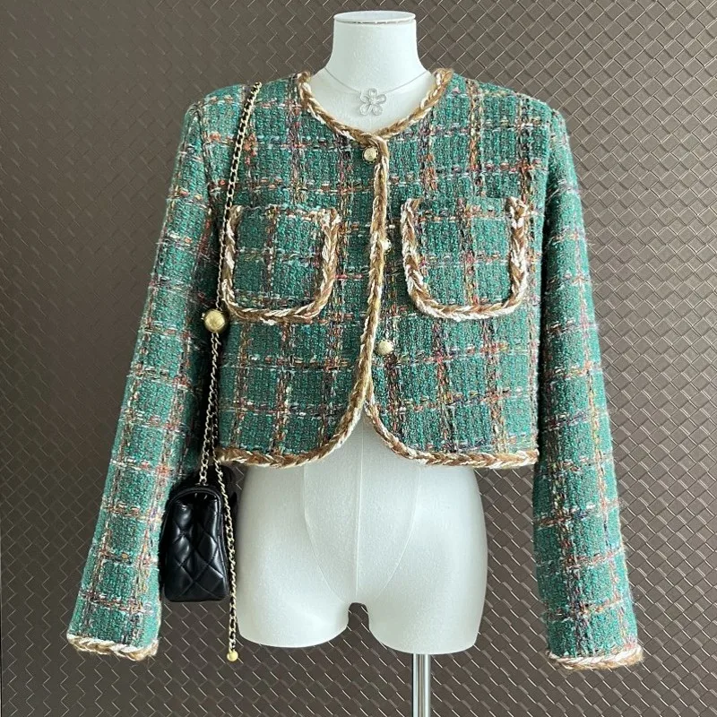 

Куртка женская твидовая в клетку, элегантный маленький яркий пиджак во французском стиле, универсальная верхняя одежда
