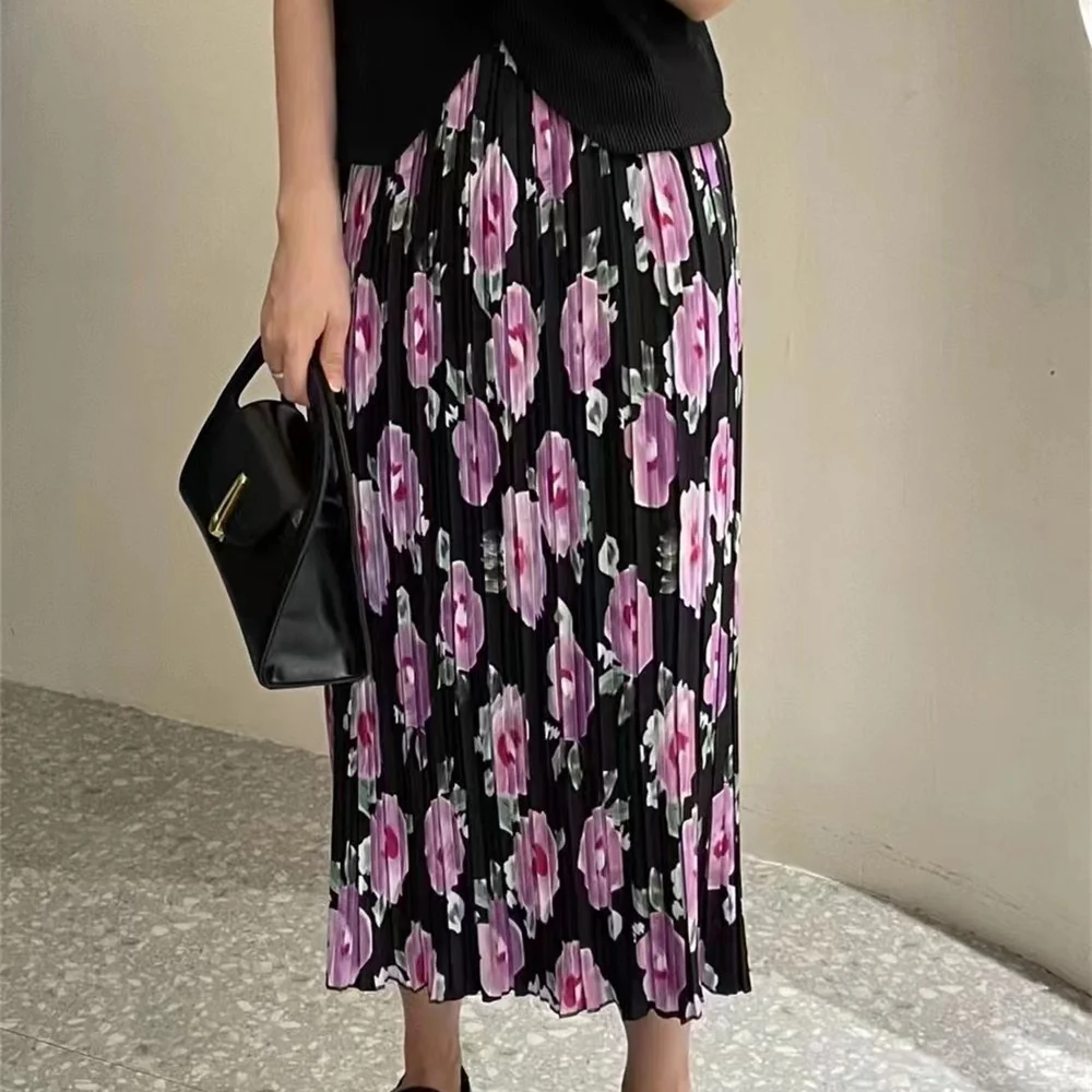 

Alien Kitty Roses Skirts Pleated Mid-Length Printed Women Summer High Waist 2022 Sweet Loose New Slim Casual Office Lady Chic