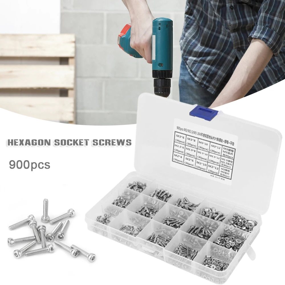 900Pcs M2/M2.5/M3 Screw Set 304 Stainless Steel Cylinder Head Hexagon Socket Nut Wall Anchors and Screws for Drywall SCVD889 
900Pcs M2/M2.5/M3 Screw Set 304 Stainless Steel Cylinder Head Hexagon Socket Nut Wall Anchors and Screws for Drywall SCVD889