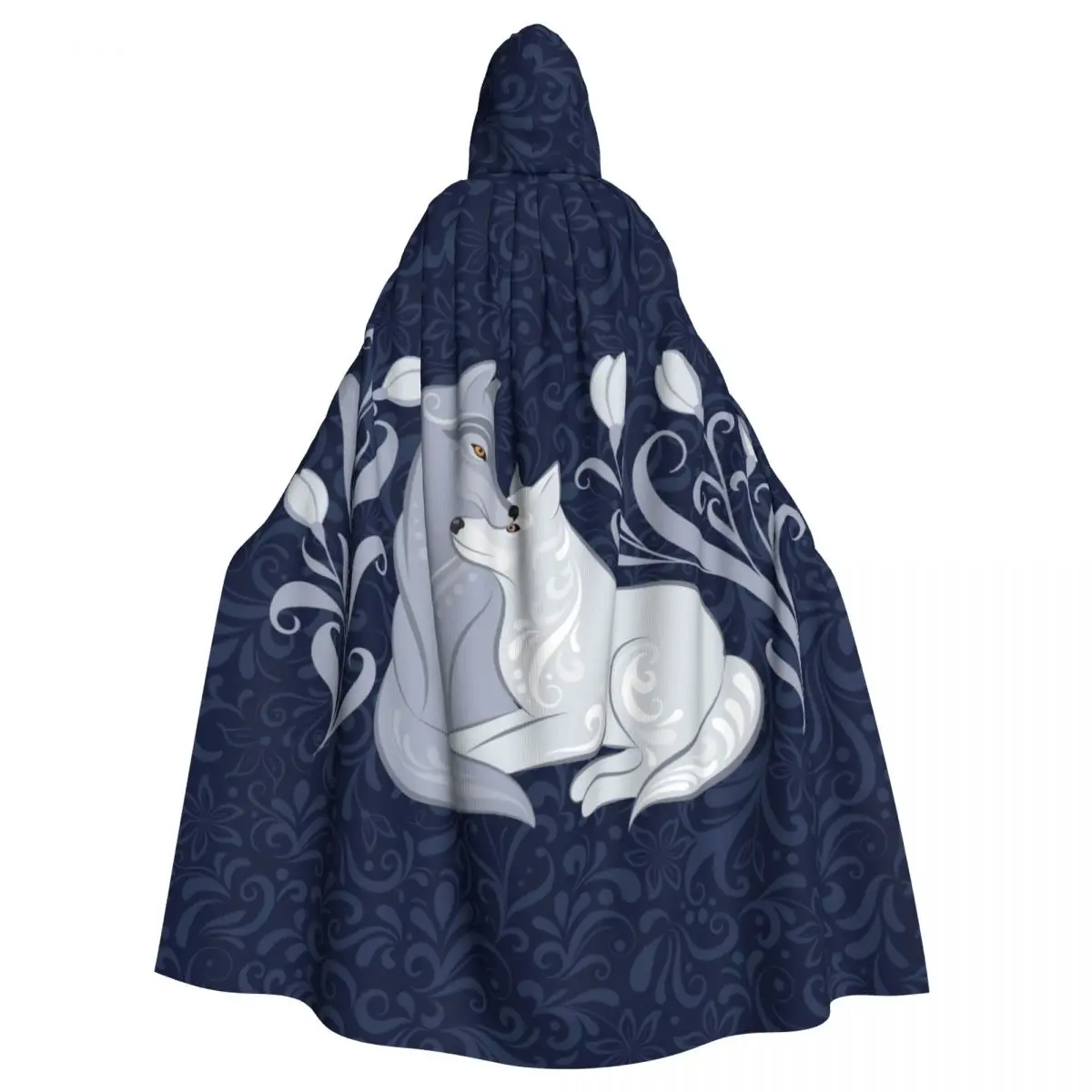 

Wolf Couple Navy Floral Print Hooded Cloak Polyester Unisex Witch Cape Costume Accessory