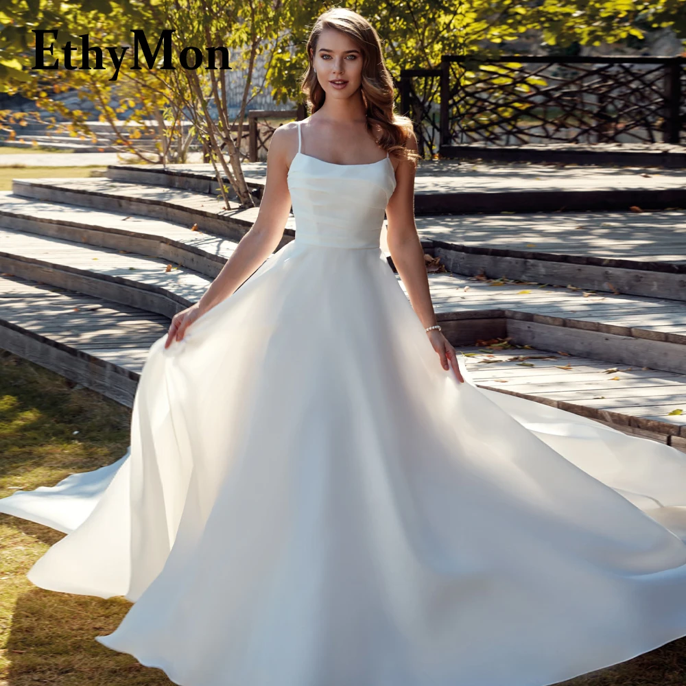 

Ethymon Simple A-line Brides Wedding Dresses Bowknot Spaghetti Straps Scoop Backless Chiffon Abito Da Sposa Customized 2023