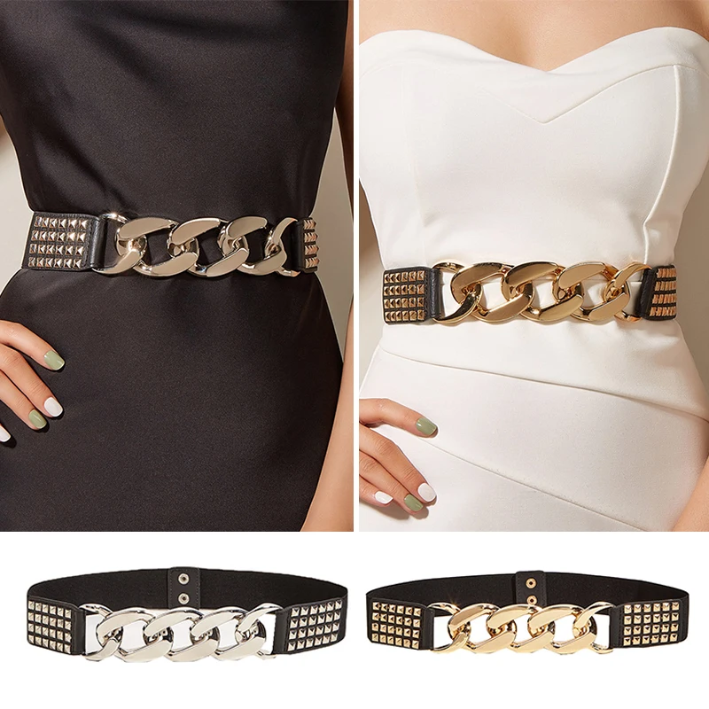 Women Rivet Metal Chain Belt Stretch Cummerbunds Metal Buckle Waist Belt Wide Elastic Corset Belt Punk Fashion Belt Women's Belt
Women Rivet Metal Chain Belt Stretch Cummerbunds Metal Buckle Waist Belt Wide Elastic Corset Belt Punk Fashion Belt Women's Belt