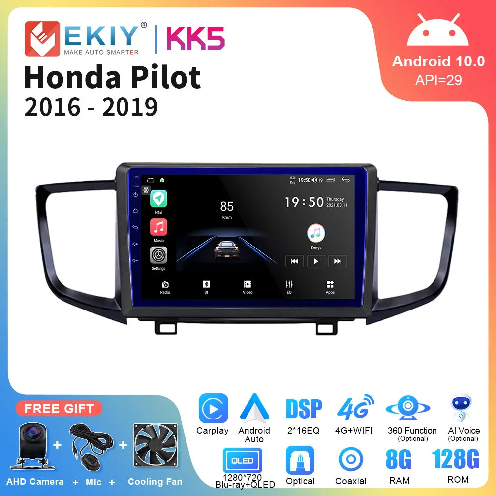 EKIY KK5 QLED Автомагнитола Android для Honda Pilot 2016-2019 стерео AI голосовой мультимедийный