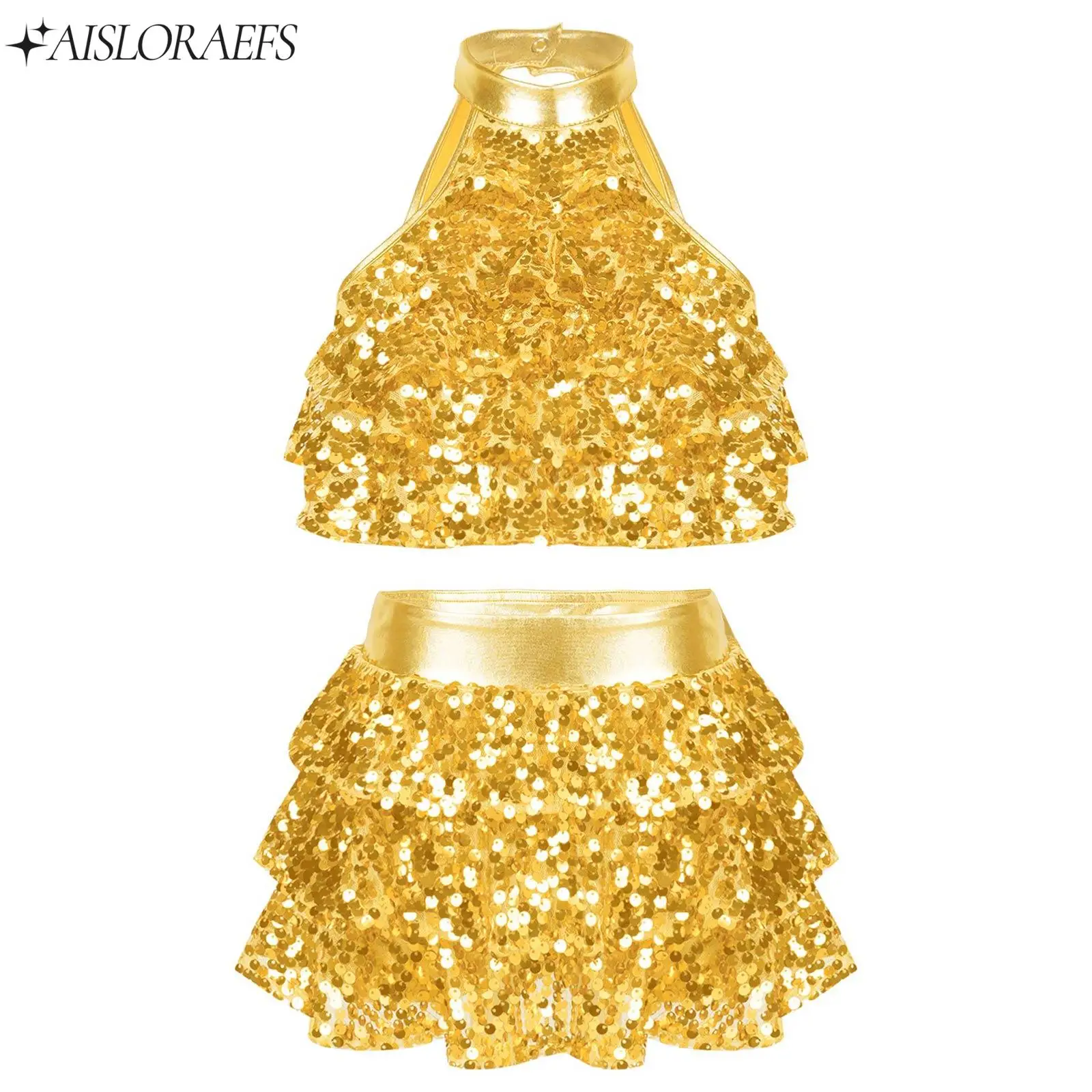 Kids Girls Latin Jazz Lyrical Dance Costume Halter Shiny Sequins Crop Top with Skirt Ballet Leotard Stage Dance Wear Suit
Kids Girls Latin Jazz Lyrical Dance Costume Halter Shiny Sequins Crop Top with Skirt Ballet Leotard Stage Dance Wear Suit