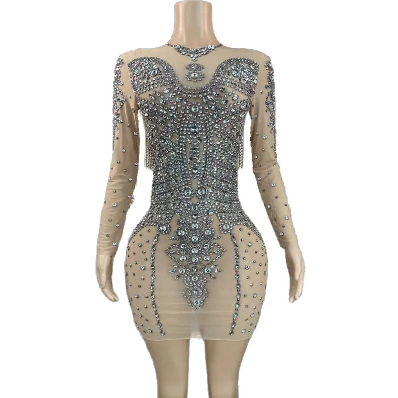 Rhinestone Sexy Sparkly Fringe Transparent Chain Short Dress Women Birthday Party Singer Nightclub Outfit 
Rhinestone Sexy Sparkly Fringe Transparent Chain Short Dress Women Birthday Party Singer Nightclub Outfit