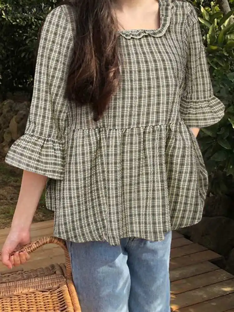 

ZANZEA Fashion Grid Plaid Blouse Women Summer Vintage Shirt Female Flare Sleeve Square Neck Checked Tops Causal Party Blusas