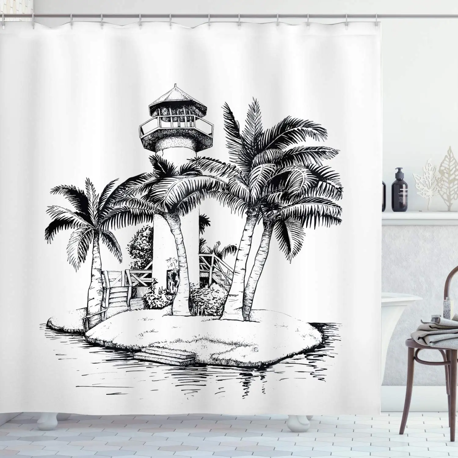 Tropical Shower Curtain, Lighthouse on The Island Surrounded with The Palm Trees an Exotic Landscape Sketchy Artwork,
Tropical Shower Curtain, Lighthouse on The Island Surrounded with The Palm Trees an Exotic Landscape Sketchy Artwork,