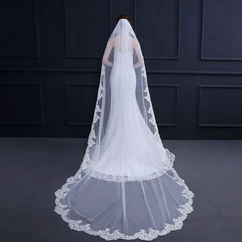 

New Arrival White Ivory Wedding veils Lace Edge Cathedral Bridal veil Veu de noiva Voile mariage Wedding accessories boda