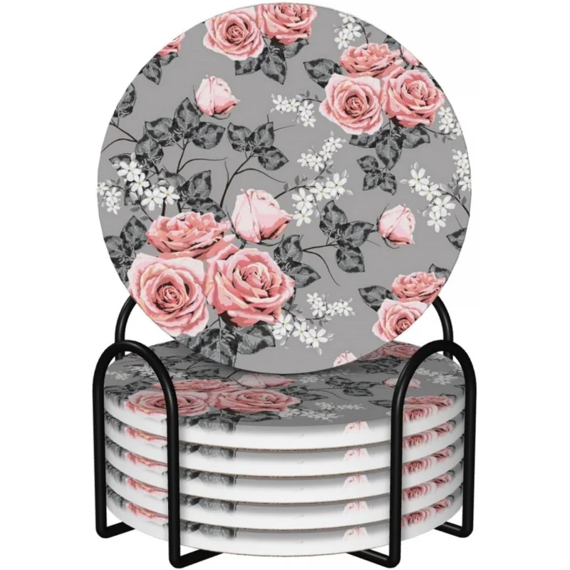 Gray and Pink Flower Toss Coasters for Drinks with Holder 6 Pack Absorbent Ceramic Absorb Stone Coasters with Cork Base Gift
Gray and Pink Flower Toss Coasters for Drinks with Holder 6 Pack Absorbent Ceramic Absorb Stone Coasters with Cork Base Gift