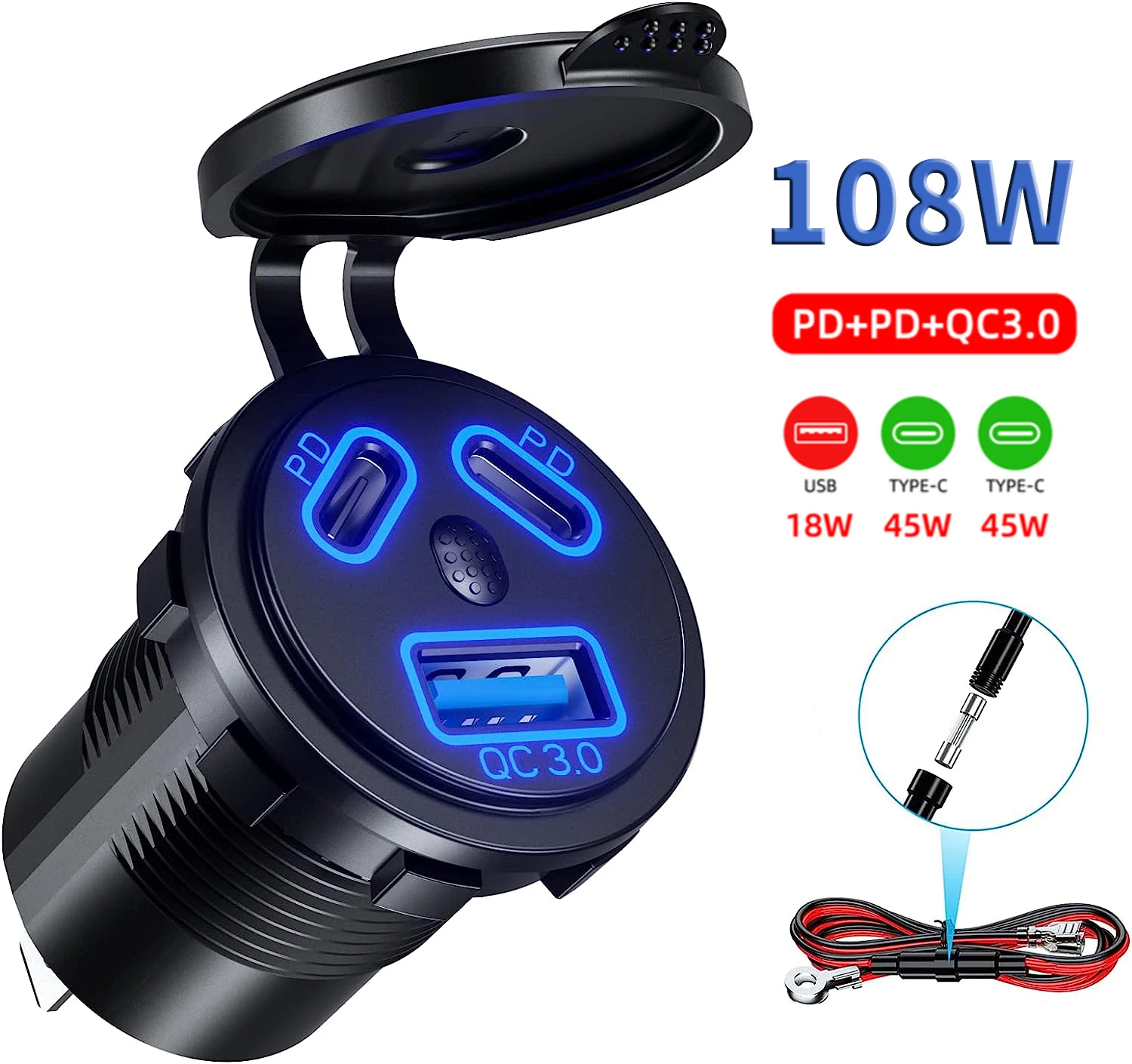 DaierTek 108W 12V USB Outlet QC 3.0 USB Charger Socket Dual PD Type-C Port USB Cigartte Lighter Socket with ON/Off Switch Charge
DaierTek 108W 12V USB Outlet QC 3.0 USB Charger Socket Dual PD Type-C Port USB Cigartte Lighter Socket with ON/Off Switch Charge