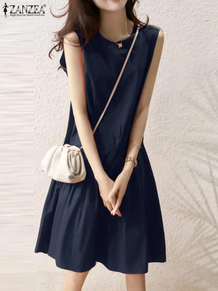 

ZANZEA Holiday Sleeveless Robes 2023 Summer Solid Color Short Dresses Women O-neck Dress Fashion Asymmetrical Ruched Tank Dress