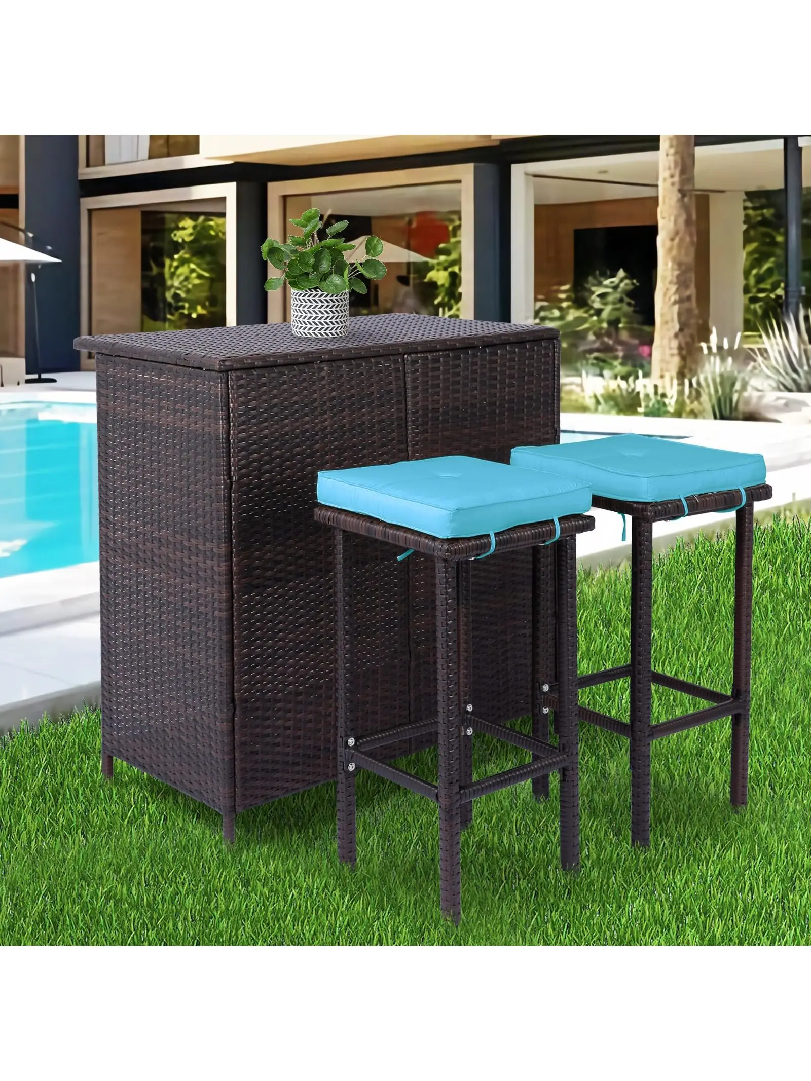 3-Piece Outdoor Wicker Bar Set, Patio Rattan Bar Height Table Set with Stools, Bistro Set for Poolside, Garden and Backyard
3-Piece Outdoor Wicker Bar Set, Patio Rattan Bar Height Table Set with Stools, Bistro Set for Poolside, Garden and Backyard