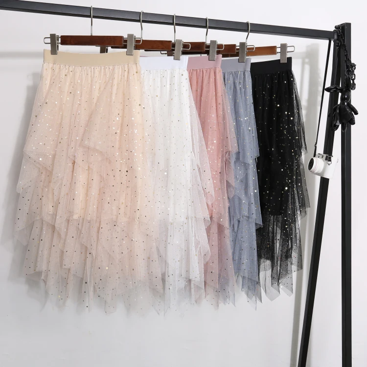 Fashion Shiny Stars Sequins Irregular Tulle Skirts Women Spring Chic Fairy Sweet Cake Mesh Skirt Female Elegant Lady Faldas 
Fashion Shiny Stars Sequins Irregular Tulle Skirts Women Spring Chic Fairy Sweet Cake Mesh Skirt Female Elegant Lady Faldas