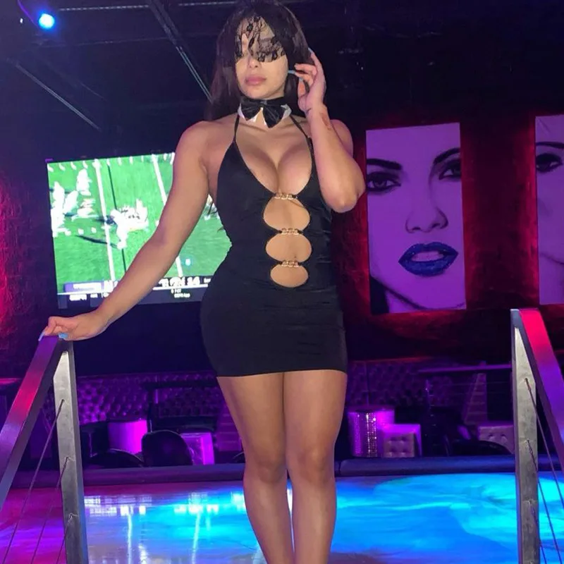 Hollow-out bandage party dressEuropean and American Halter Lace-up Metal Hollow Backless Dress
Hollow-out bandage party dressEuropean and American Halter Lace-up Metal Hollow Backless Dress