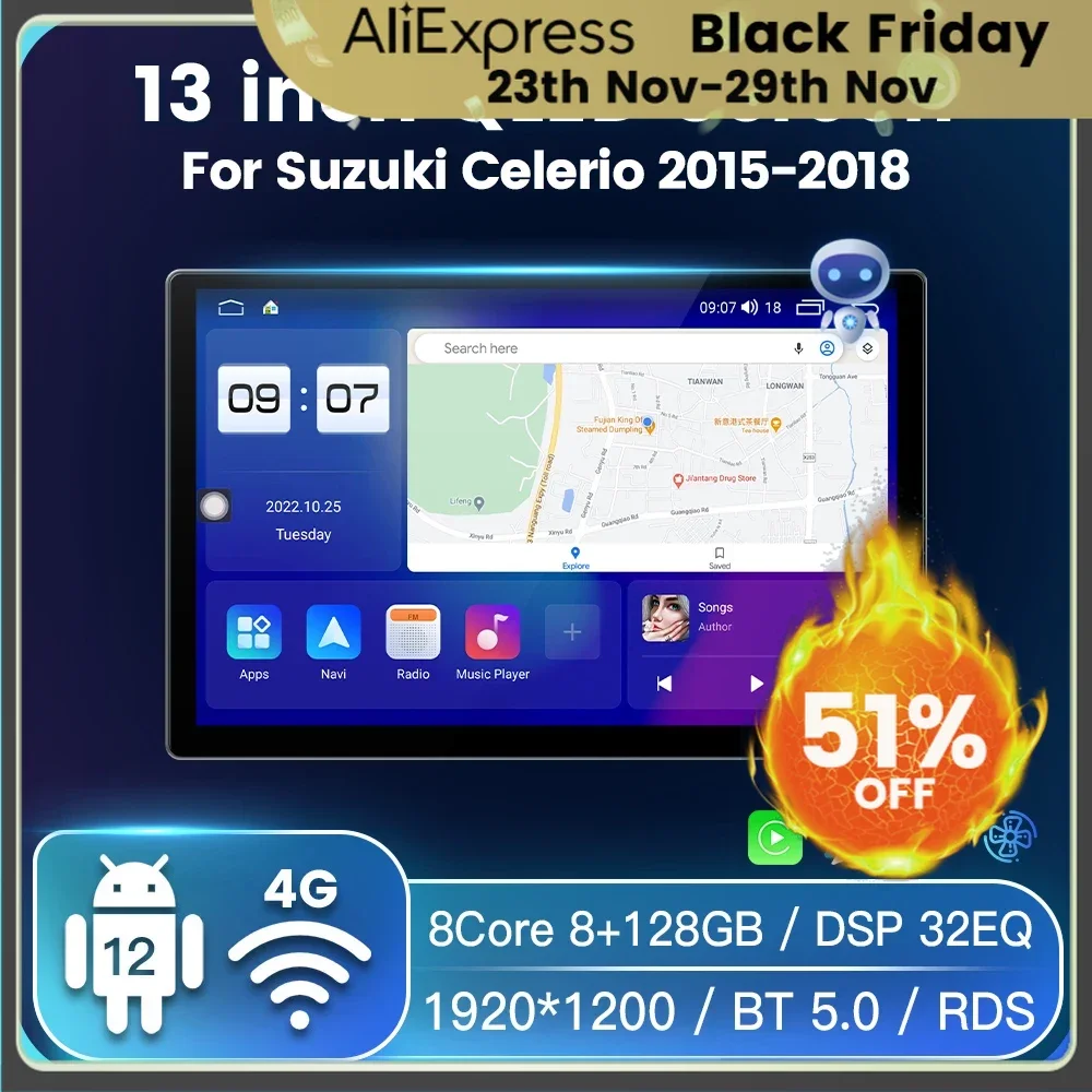 Автомобильный мультимедийный видеоплеер, проигрыватель на Android 12, 8 ядер, 13 дюймов, для Suzuki Celerio Culture 2015-2018, типоразмер 2DIN, с радио, Carplay, BT5.0