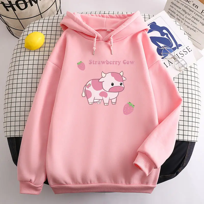 

Y2k Kawaii Pink Women Hoodie Harajuku Preppy Style Strawberry Cow Print Sweatshirt Korean Fashion Oversized Schoolgirls Clothing