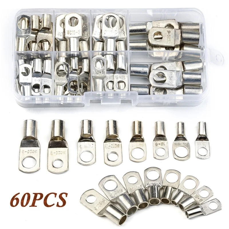 60Pcs SC Bare Crimp Terminals Lug Tinned Copper Lug Ring Electrical Wire Connectors Cold Press Cable Splice Terminal Kit
60Pcs SC Bare Crimp Terminals Lug Tinned Copper Lug Ring Electrical Wire Connectors Cold Press Cable Splice Terminal Kit