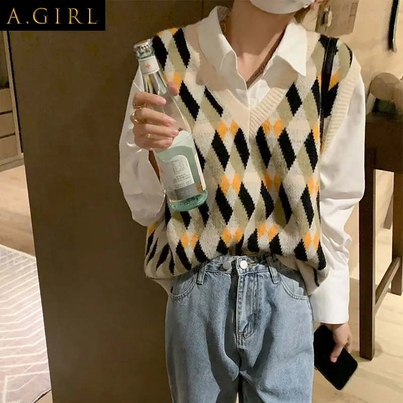 

Argyle Sweater Vest Women Loose Korean Style Design Fashion Ladies Preppy Simple Cozy Spring Knitwear Retro All-match Basic New