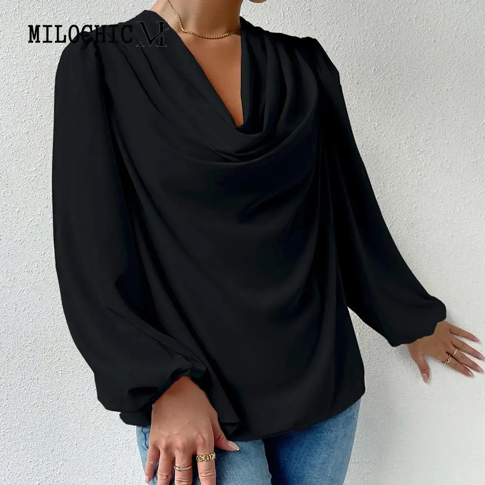 

Women Ruched Front Top Shirt Casual Drape Neck Blouse Stylish Lantern Sleeve Shirt Pullover Simple Basic Loose Shirt