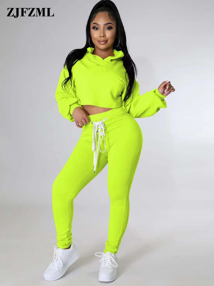 

Neon Color Two Piece Jogger Suits Activewear Women's Outfits Hooded Long Sleeve Crop Hoodie and Drawstring Waist Pencil Legging