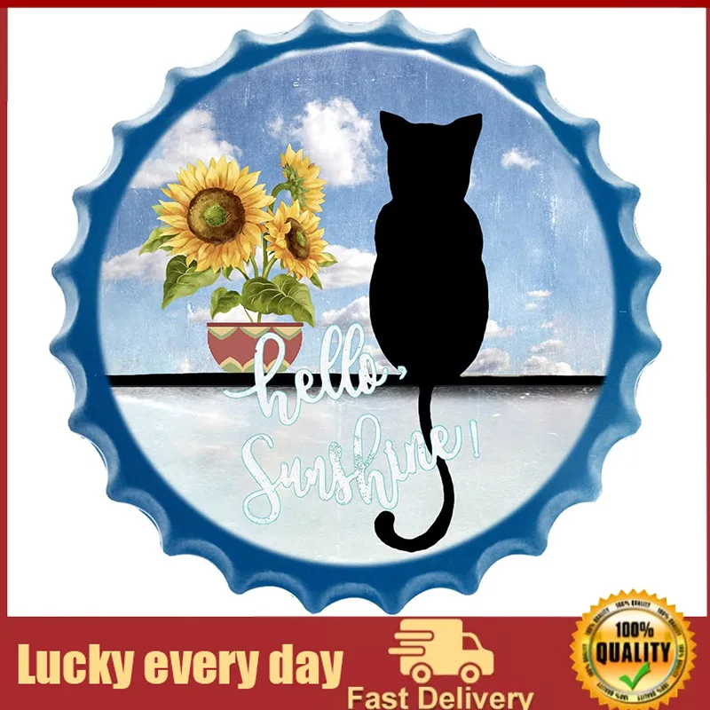 

Hello Sunshine Rustic Sunflower Flower & Black Cat Retro Bottle Caps Metal Tin Signs Animal Wall Sign Farmhouse Wall Art Laundry