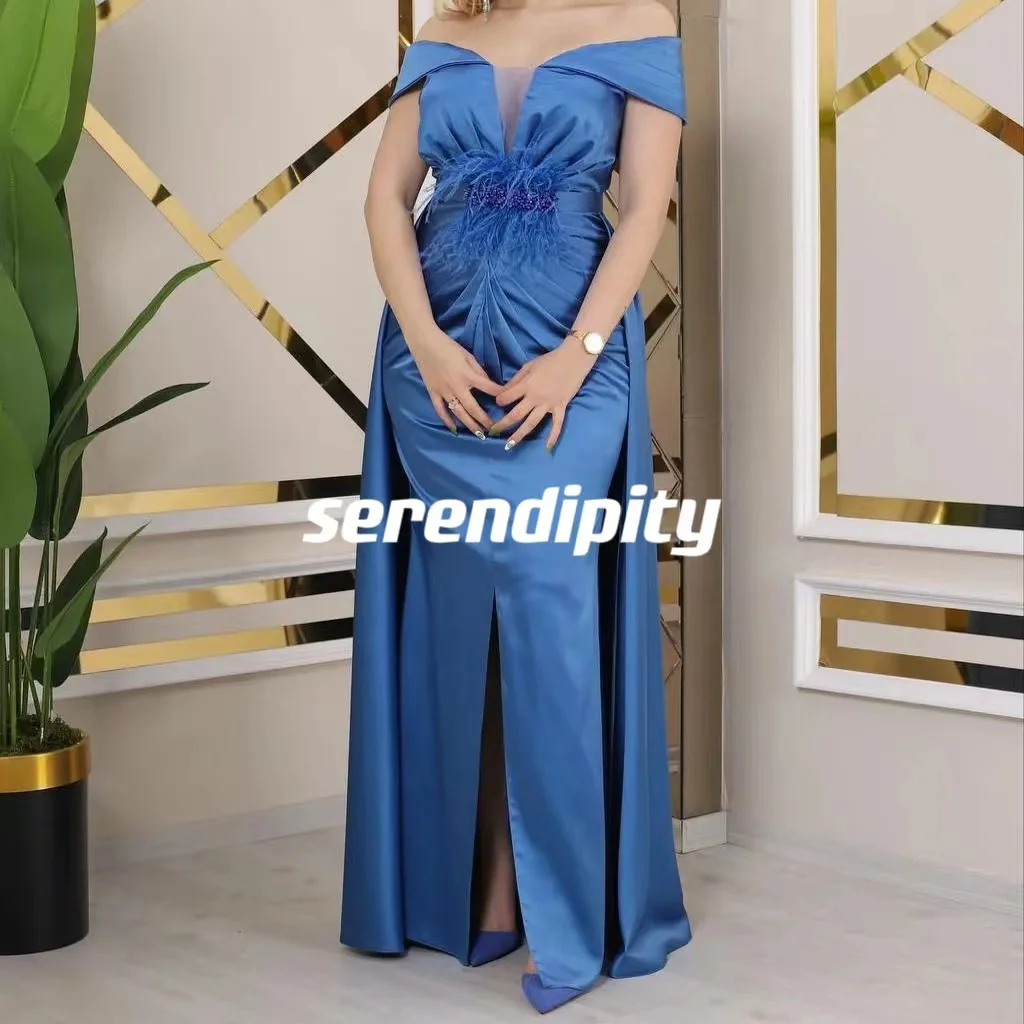 

Serendipity Ball-Gown V-neck Floor-length Ruffle Zipper Up Cap Straps Feather Ribbon Satin Strapless Luxury Dresses for Evening