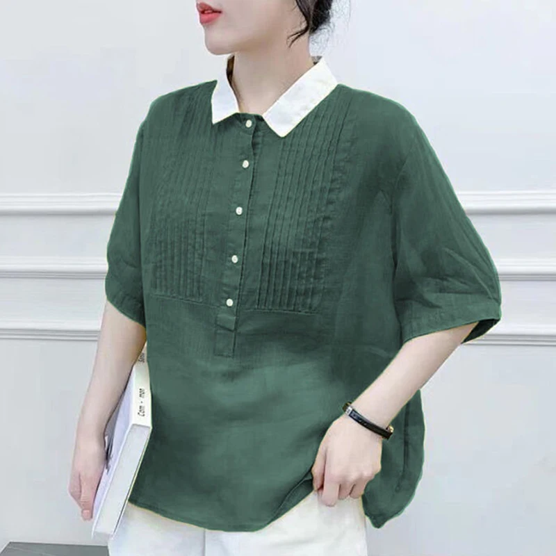 

Lucyever Plus Size 3XL Loose Blouses for Women Casual Folds Button Turndown Collar Blouse Female Summer Short Sleeve Blusas Tops