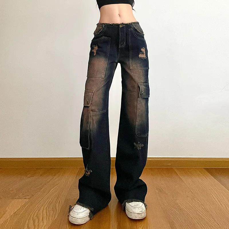 

Asymmetrical Vintage Girls Distressed High-Waisted Jeans with Frayed Edges - Casual Ripped Straight-Leg Denim Pants for Women