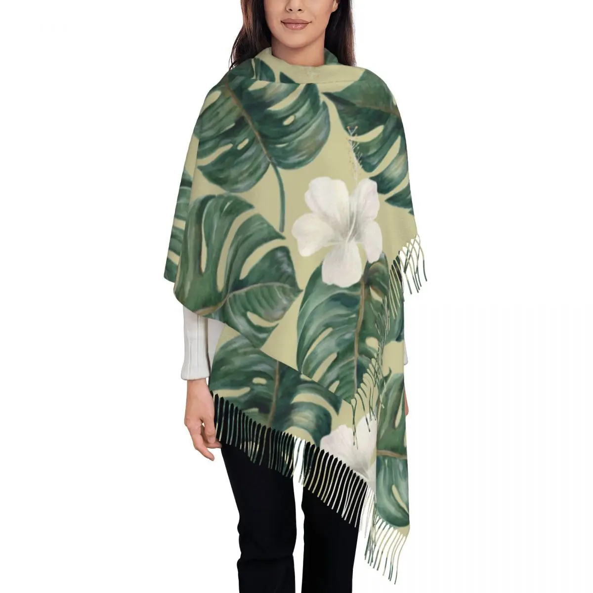 

Watercolor Palm And Deliciosa Leaves Hibiscus Women's Pashmina Shawl Wraps Fringe Scarf Long Large Scarf