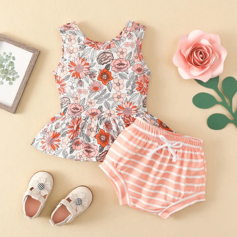 Baby Girls Shorts Set, Sleeveless Crew Neck Flower Print Tank Top with Elastic Waist Stripes Shorts
Baby Girls Shorts Set, Sleeveless Crew Neck Flower Print Tank Top with Elastic Waist Stripes Shorts