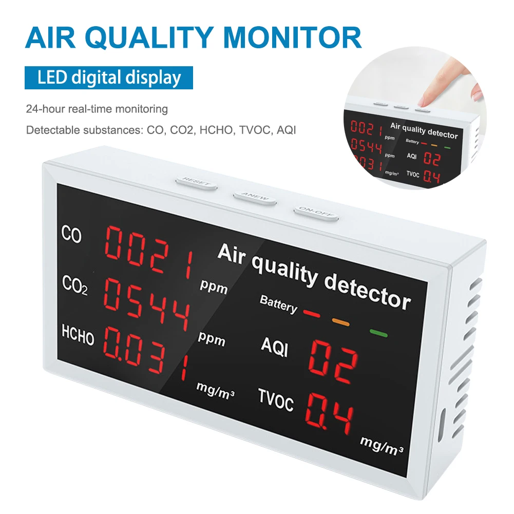 5-In-1 Air Quality Monitor CO/CO2/HCHO/AQI/TVOC Carbon Monoxide Sensor CO2 Meter Home Air Quality Detector Pollution Tester
5-In-1 Air Quality Monitor CO/CO2/HCHO/AQI/TVOC Carbon Monoxide Sensor CO2 Meter Home Air Quality Detector Pollution Tester
